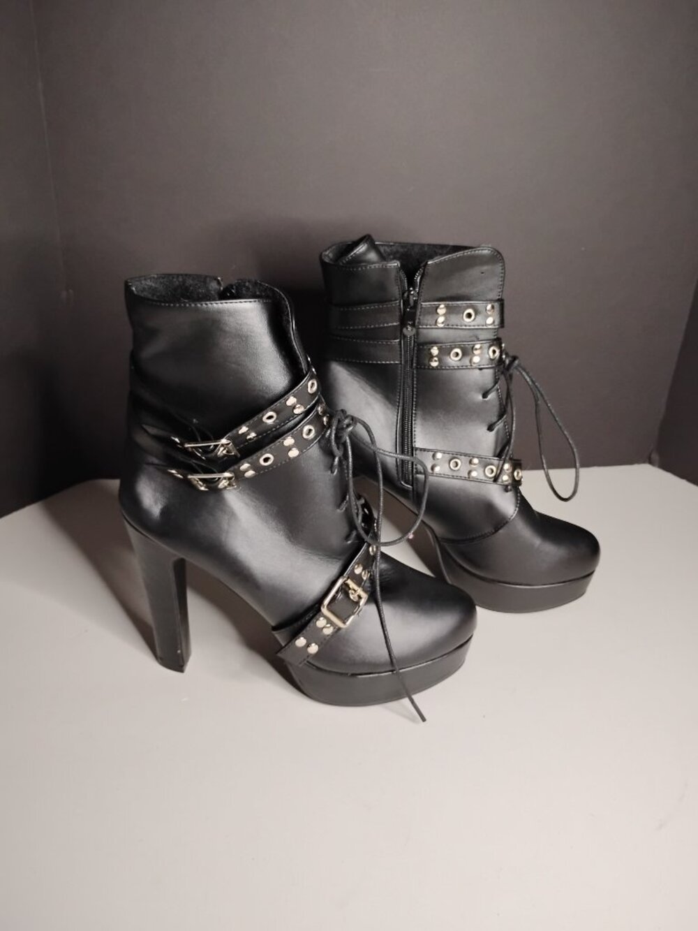 Women Studded Belt Buckle Chunky High Heel Ankle Combat Boots Faux Leather Sz44 - Picture 3 of 12